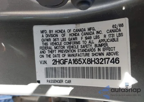 2008 Honda Civic Lx from USA, damaged, VIN 2HGFA165X8H321746